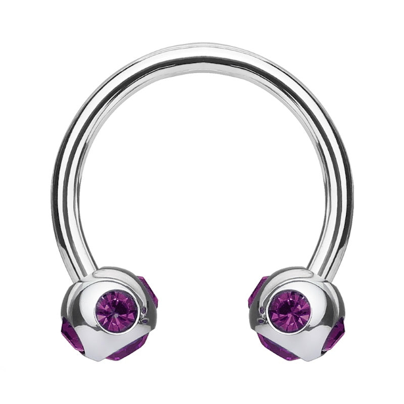 A purple gem horseshoe earring featuring 5 purple gems in each ball pictured against a white background.