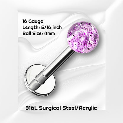 A purple glitter labret earring pictured against a white wavy background with black text stating the size available of this labret earring.