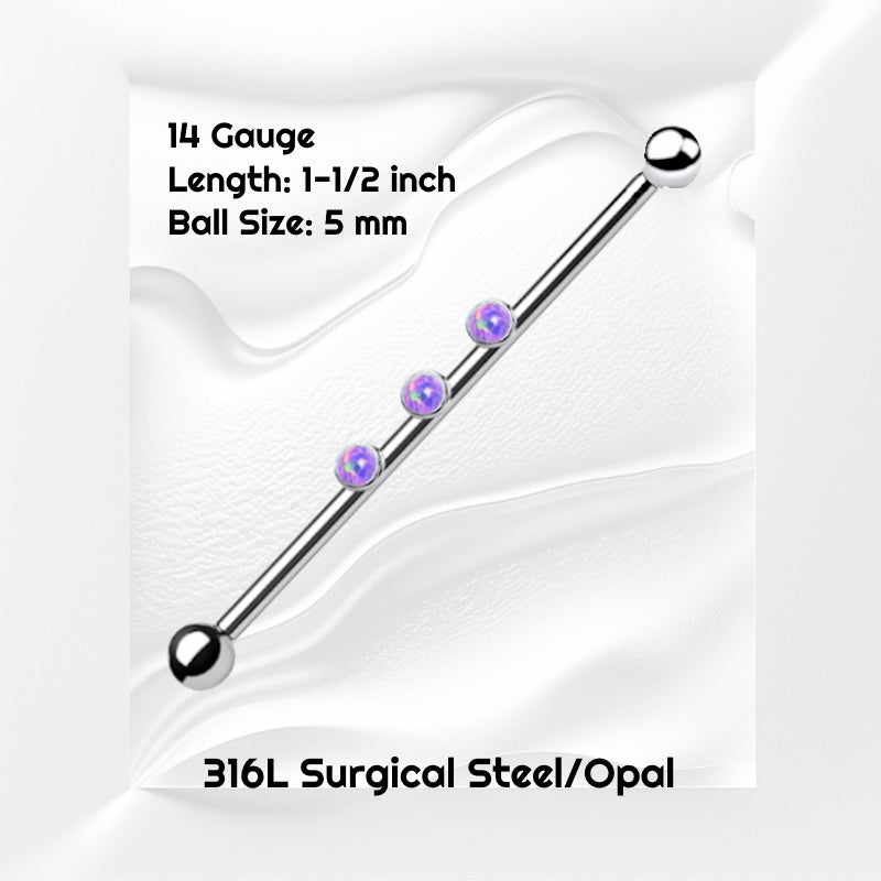 A purple opal industrial bar pictured against a white wavy background with black text stating the size available of this industrial barbell.