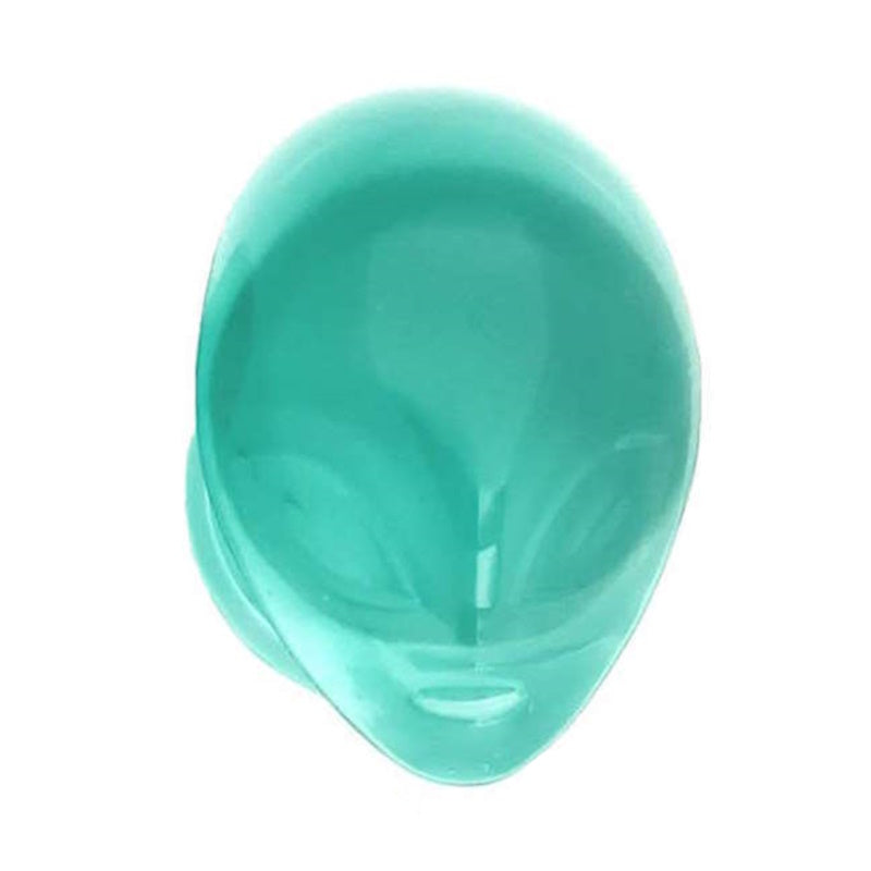 One of a pair of pyrex glass alien plugs with a green face pictured against a white background.