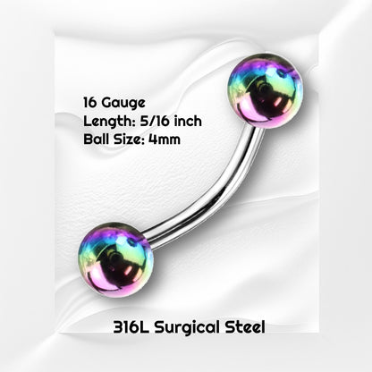 A rainbow balls curved barbell earring pictured on a white wavy background with black text stating the size available of this curved earring.