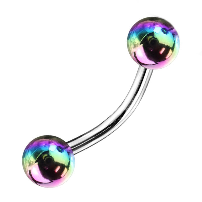 A rainbow balls curved barbell earring with multicolor balls and a surgical steel bar pictured against a white background.