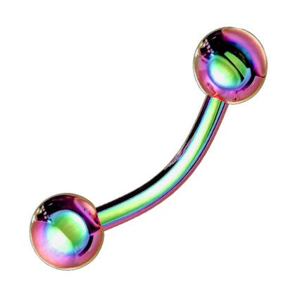 A rainbow curved barbell earring pictured against a white background.