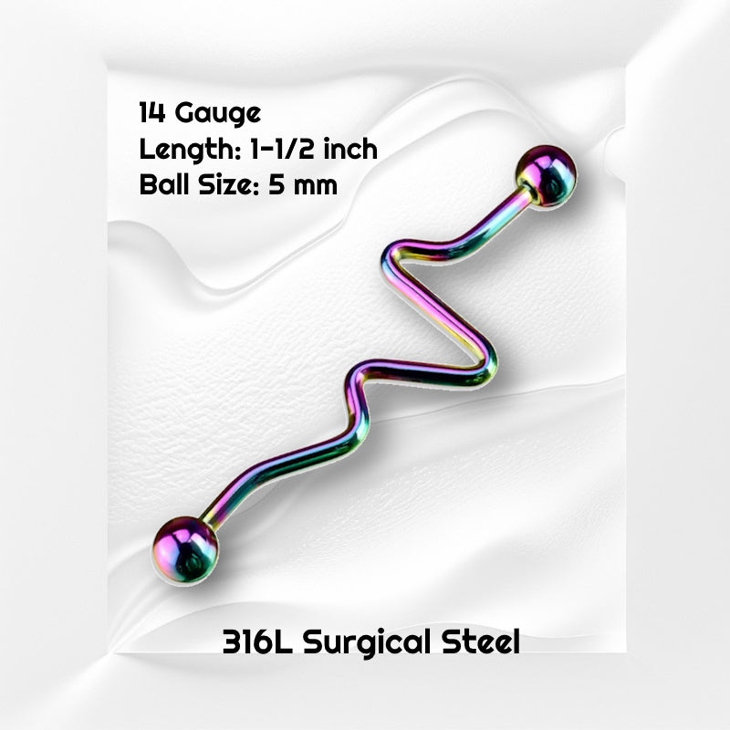 A rainbow zig zag industrial bar pictured on a white wavy background with black text stating the size available of this industrial barbell.