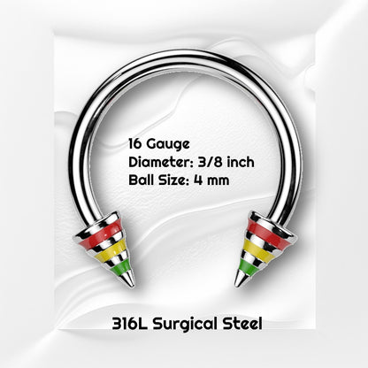 A rasta stripe horseshoe barbell featuring spikes with red, yellow, and green stripes on the ends of the circular barbell pictured against white wavy background with black text stating the size available of this horseshoe earring.