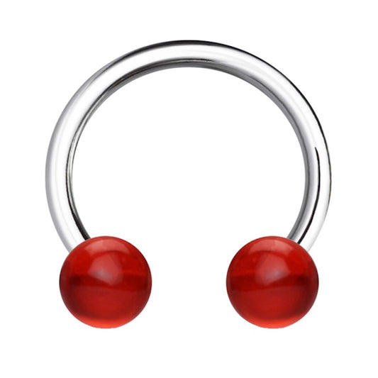 A red balls 16 gauge earring pictured against a white background.