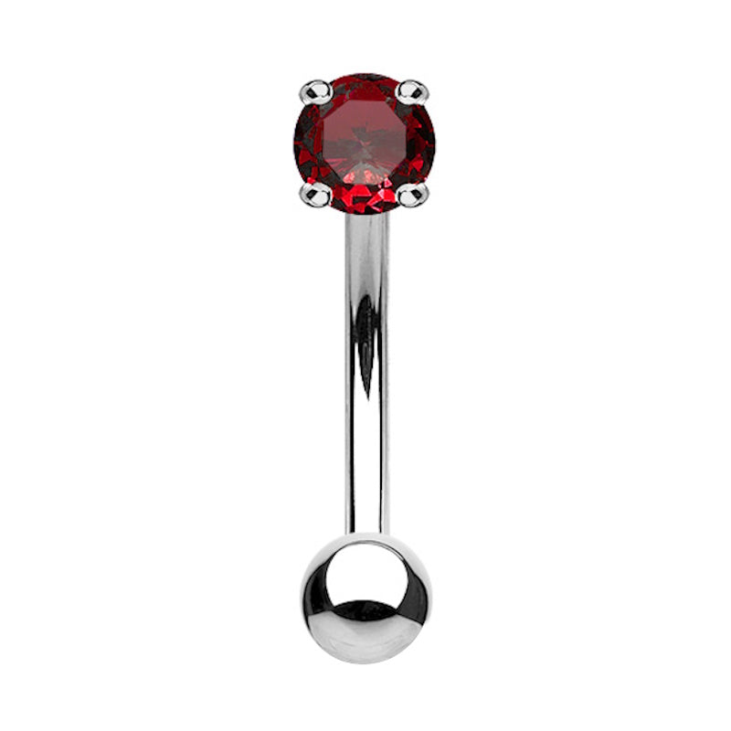 A red CZ rook piercing barbell pictured against a white background.