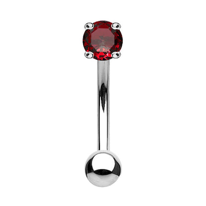 A red CZ rook piercing barbell pictured against a white background.