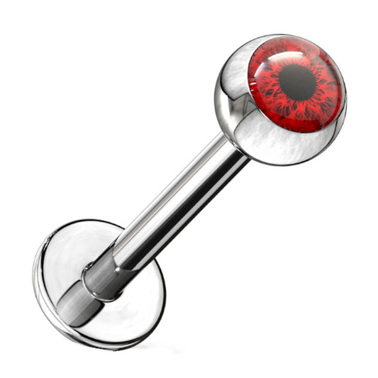 A red eyeball 16g labret earring pictured diagonally against a white background.