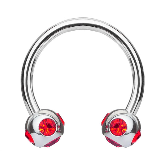 A red gem horseshoe earring featuring 5 red gems in each ball pictured against a white background.