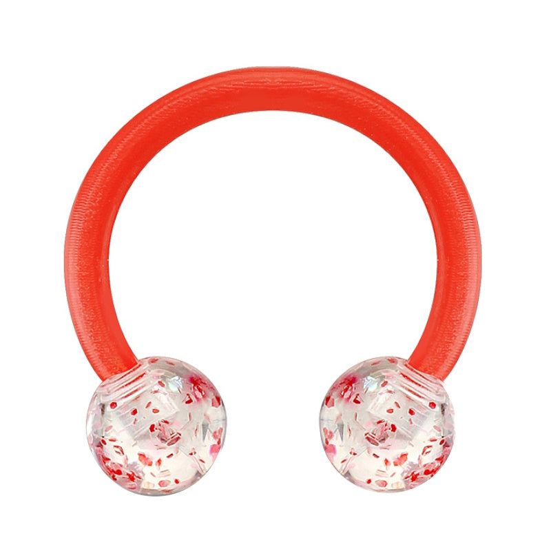 A red glitter circular barbell earring with a clear ball on each end that has red glitter embedded in the clear balls pictured against a white background.