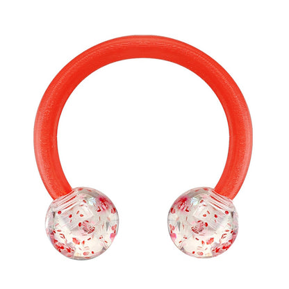 A red glitter circular barbell earring with a clear ball on each end that has red glitter embedded in the clear balls pictured against a white background.