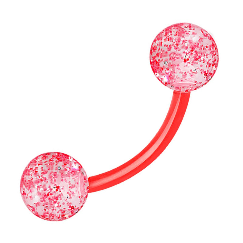 A red glitter curved barbell earring with a clear ball on each end that has red glitter embedded in the clear balls pictured against a white background.