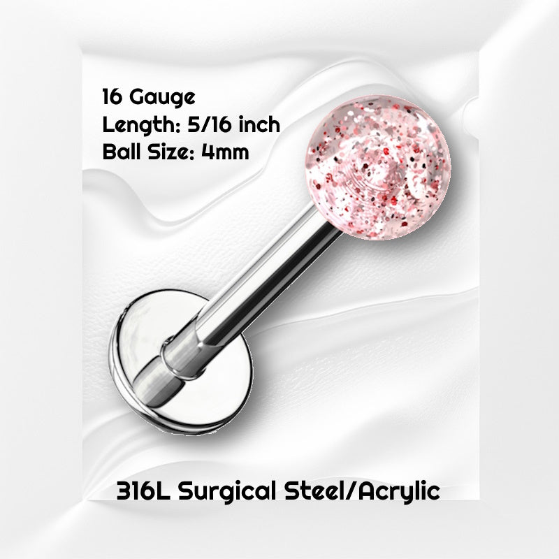 A red glitter labret earring pictured against a white wavy background with black text stating the size available of this labret earring.