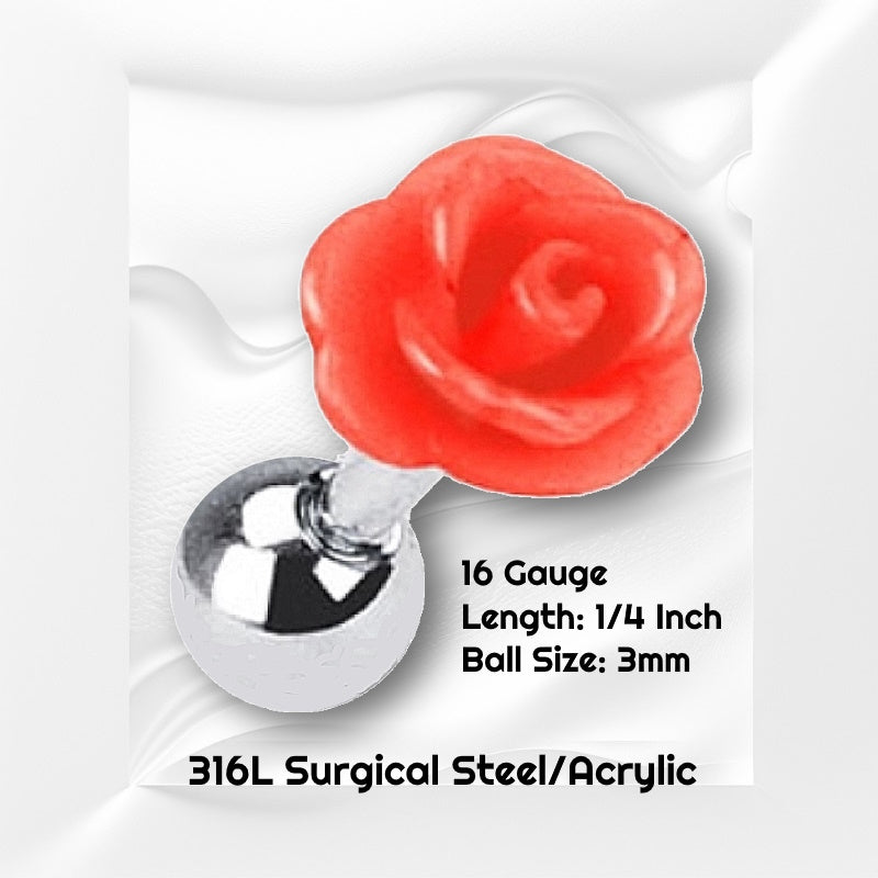 A red rose cartilage earring pictured on a white wavy background with black text stating the size available of this cartilage earring.