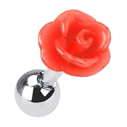 A red rose cartilage earring pictured diagonally against a white background.