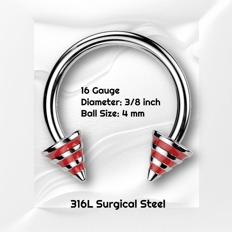 A red stripe horseshoe barbell featuring spikes with red stripes on the ends of the circular barbell pictured against white wavy background with black text stating the size available of this horseshoe earring.