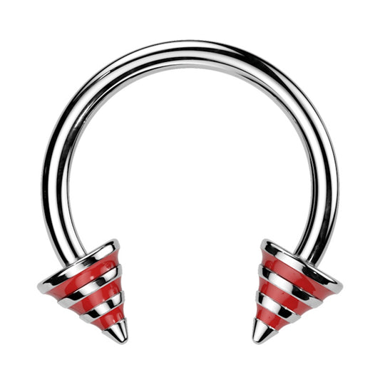 A red stripe horseshoe barbell featuring spikes with red stripes on the ends of the circular barbell pictured against a white background.