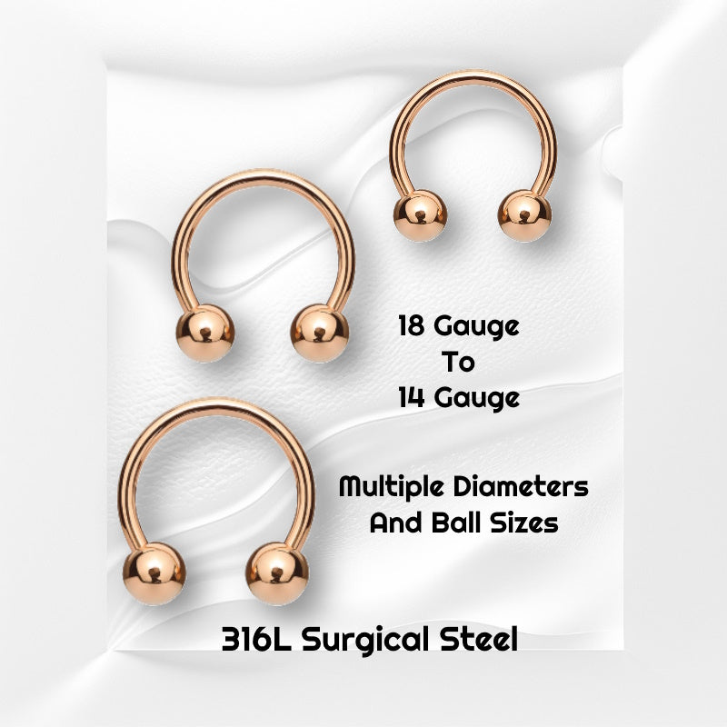 Three gauges of a rose gold circular barbell earring pictured on a white wavy background with black text stating the sizes available of this rose gold earring.