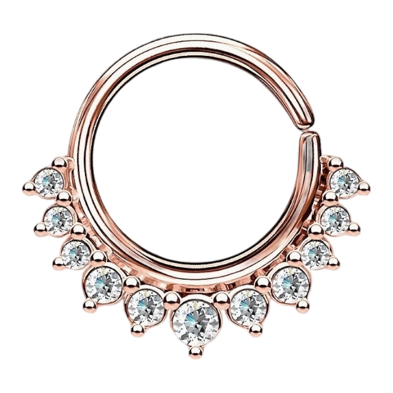 A rose gold crystal earring featuring an array of cubic zirconia pictured against a white background. 