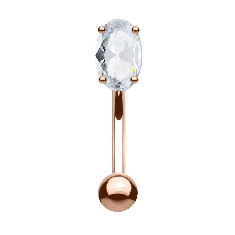 A rose gold curved barbell earring featuring an oval cubic zirconia pictured against a white background.