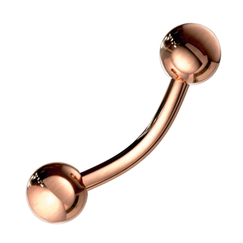 A rose gold curved barbell earring pictured at an angle against a white background.