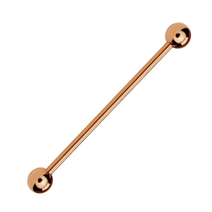 A rose gold industrial earring pictured against a white background.