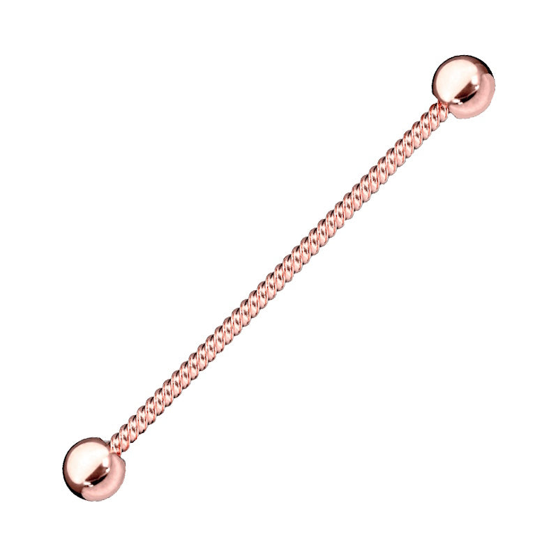 A rose gold twisted rope industrial bar pictured against a white background.