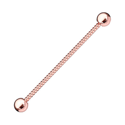 A rose gold twisted rope industrial bar pictured against a white background.