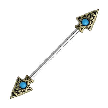 A spearhead industrial bar earring pictured against a white background.