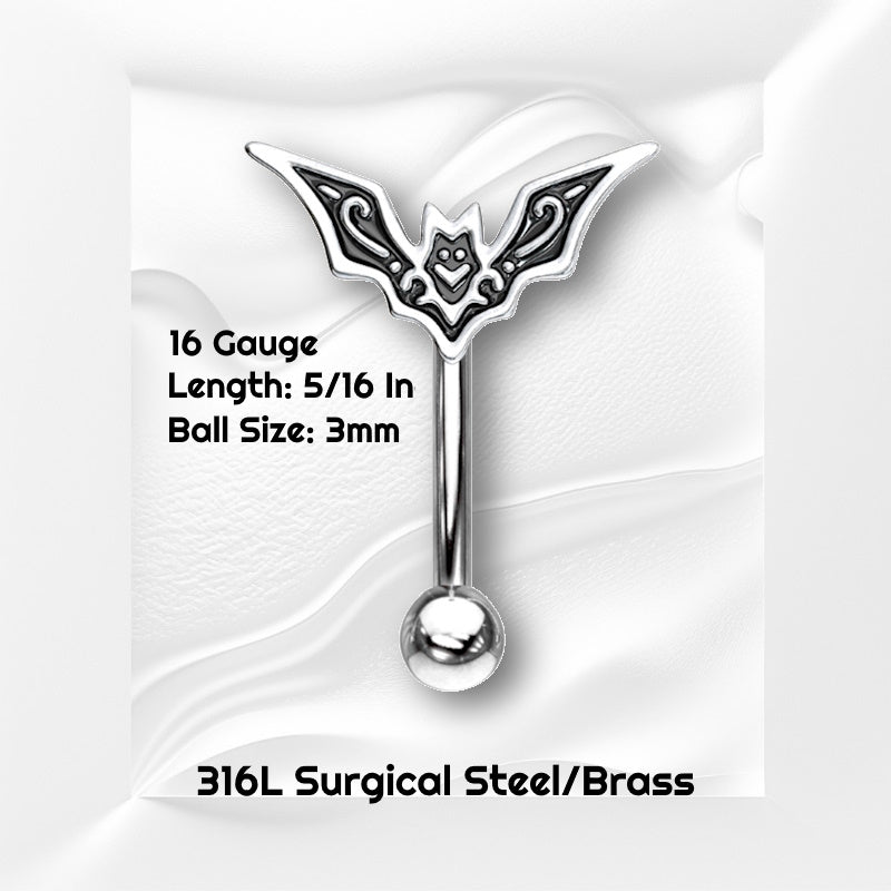 A surgical steel bat earring pictured against white wavy background with black text stating the size available of this curved barbell.