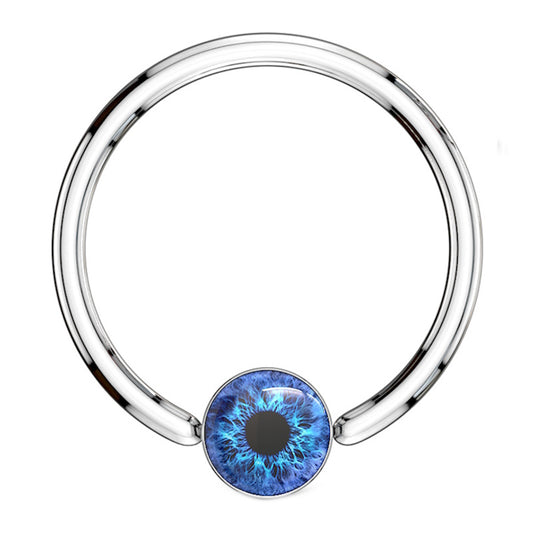 A surgical steel blue eyeball earring featuring a captive blue eyeball bead pictured against a white background.