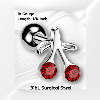 A surgical steel cherry earring with red cubic zirconia cherries pictured against a white wavy background with black text stating the size available of this cartilage earring.