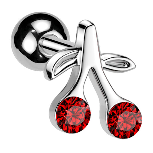 A surgical steel cherry earring with red cubic zirconia cherries pictured against a white background.