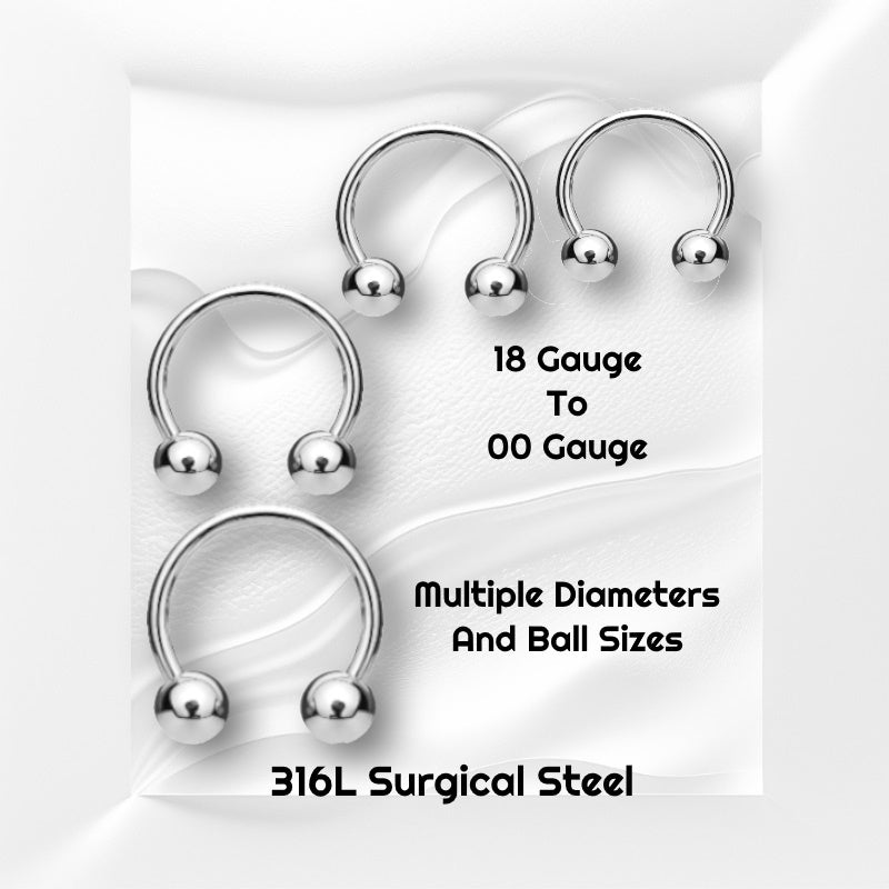 Several sizes of a surgical steel circular barbell earring pictured on a white wavy background with black text stating the sizes of this earring.