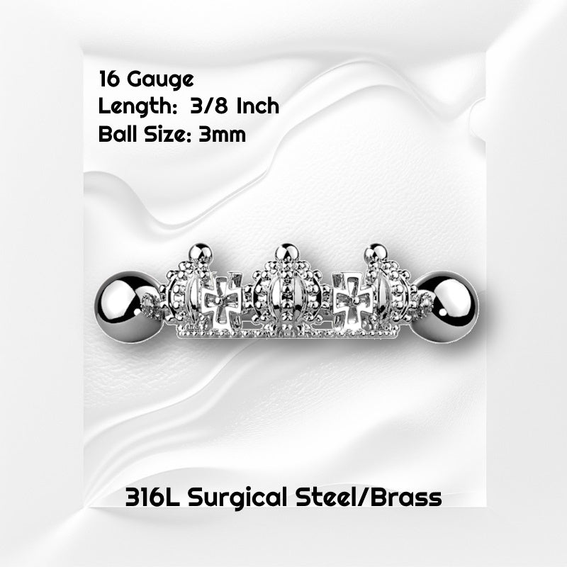 A surgical steel crown earring cuff pictured against white wavy background with black text stating the size available of this helix cuff.