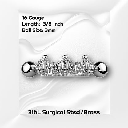 A surgical steel crown earring cuff pictured against white wavy background with black text stating the size available of this helix cuff.