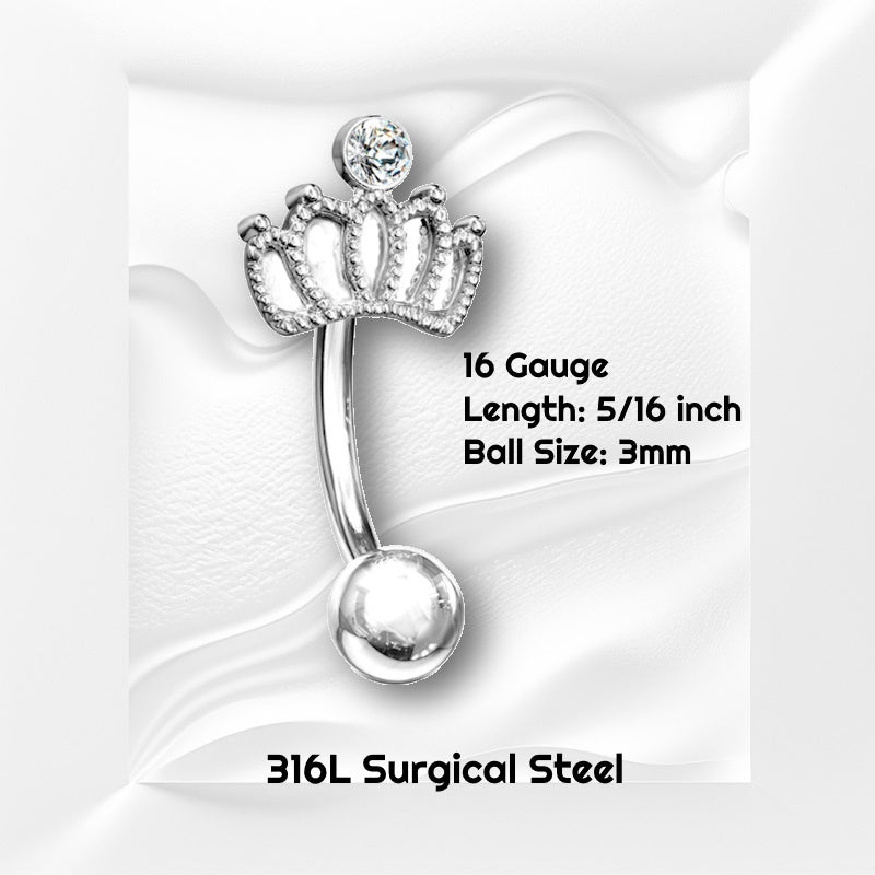 A surgical steel crown rook earring pictured against a white wavy background with black text stating the size of this earring.