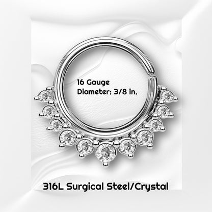 A surgical steel crystal earring featuring an array of crystals pictured against a white wavy background with black text stating the size of this earring.