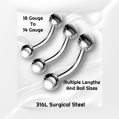 Three sizes of a surgical steel curved barbell earring pictured on a white wavy background with black text stating the sizes of this earring.