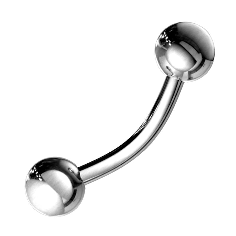 A surgical steel curved barbell earring featuring an externally threaded bar with a ball on each end pictured against a white background. 