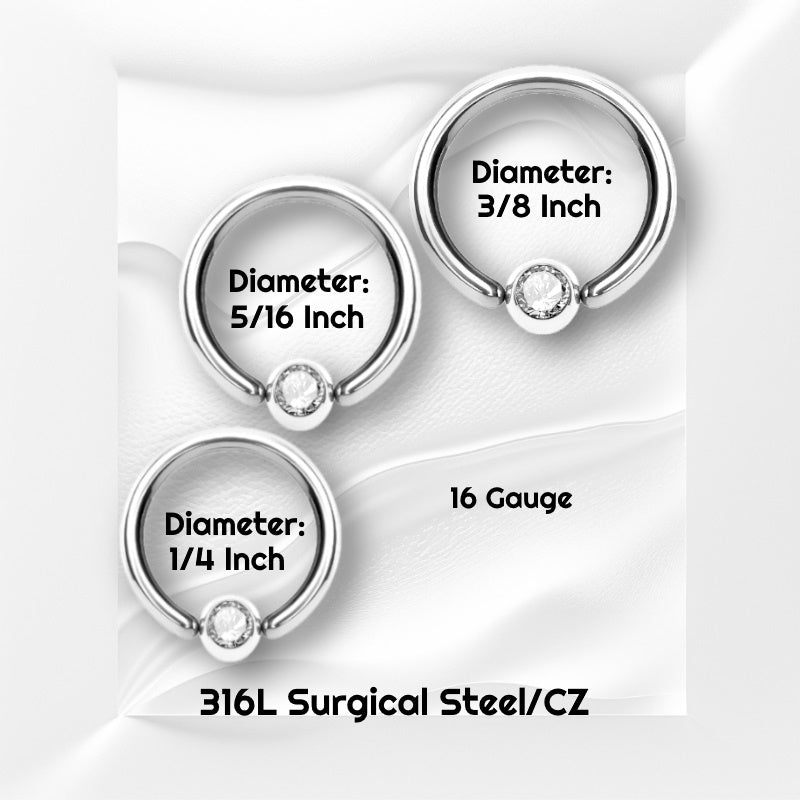 Three sizes of a surgical steel fixed bead ring pictured on a white wavy background with black text stating the sizes of this earring. 