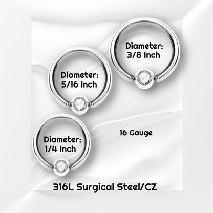 Three sizes of a surgical steel fixed bead ring pictured on a white wavy background with black text stating the sizes of this earring. 