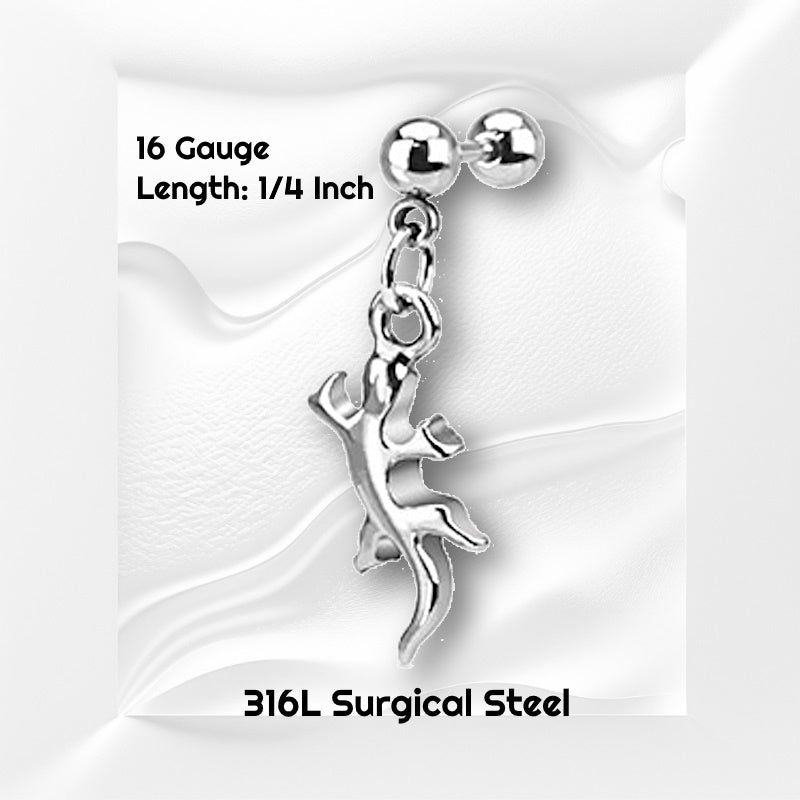 A surgical steel gecko earring pictured against a white wavy background with black text stating the size available of this cartilage earring.