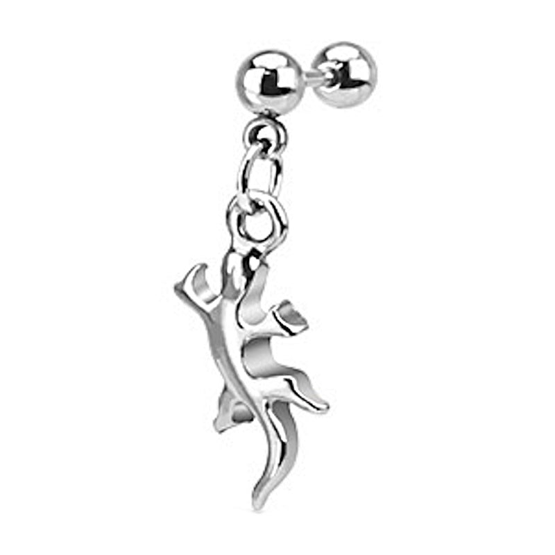 A surgical steel gecko earring pictured against a white background.