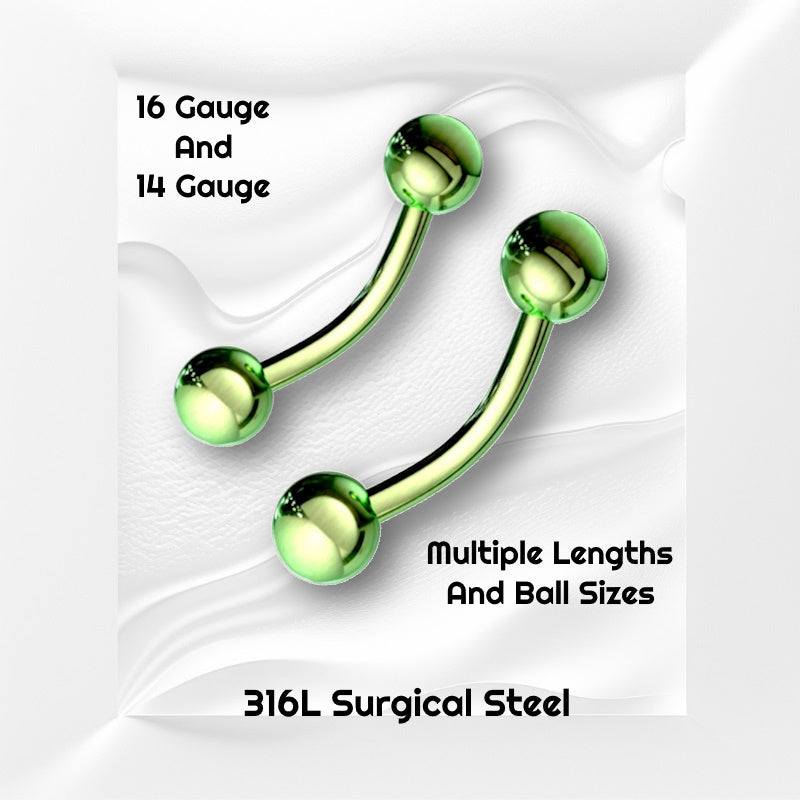 Two sizes of a surgical steel green curved barbell earring pictured against a white wavy background with black text stating the sizes of this earring.