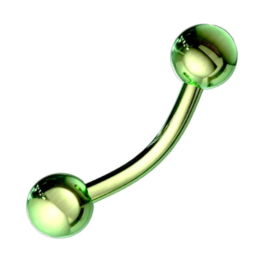 A surgical steel green curved barbell earring pictured against a white background.