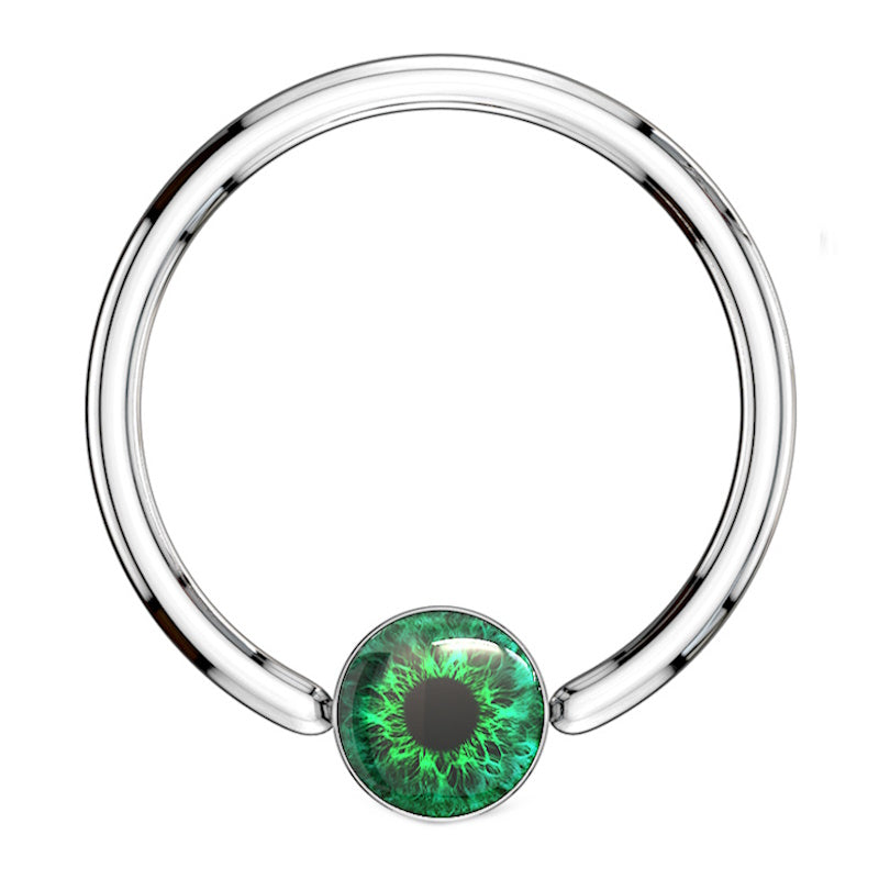 A surgical steel green eyeball earring featuring a captive green eyeball bead pictured against a white background.