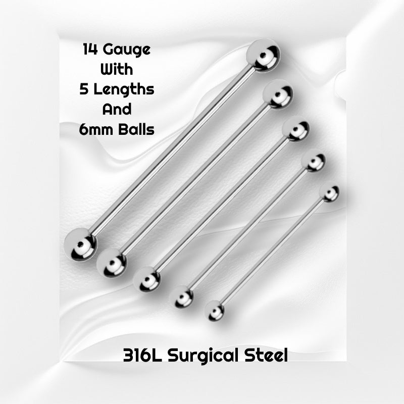 Five sizes of a surgical steel industrial earring pictured on a white wavy background with black text stating the sizes of this earring.