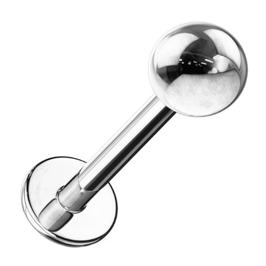 A surgical steel labret earring that features an externally threaded bar with a ball attached to the end pictured against a white background.